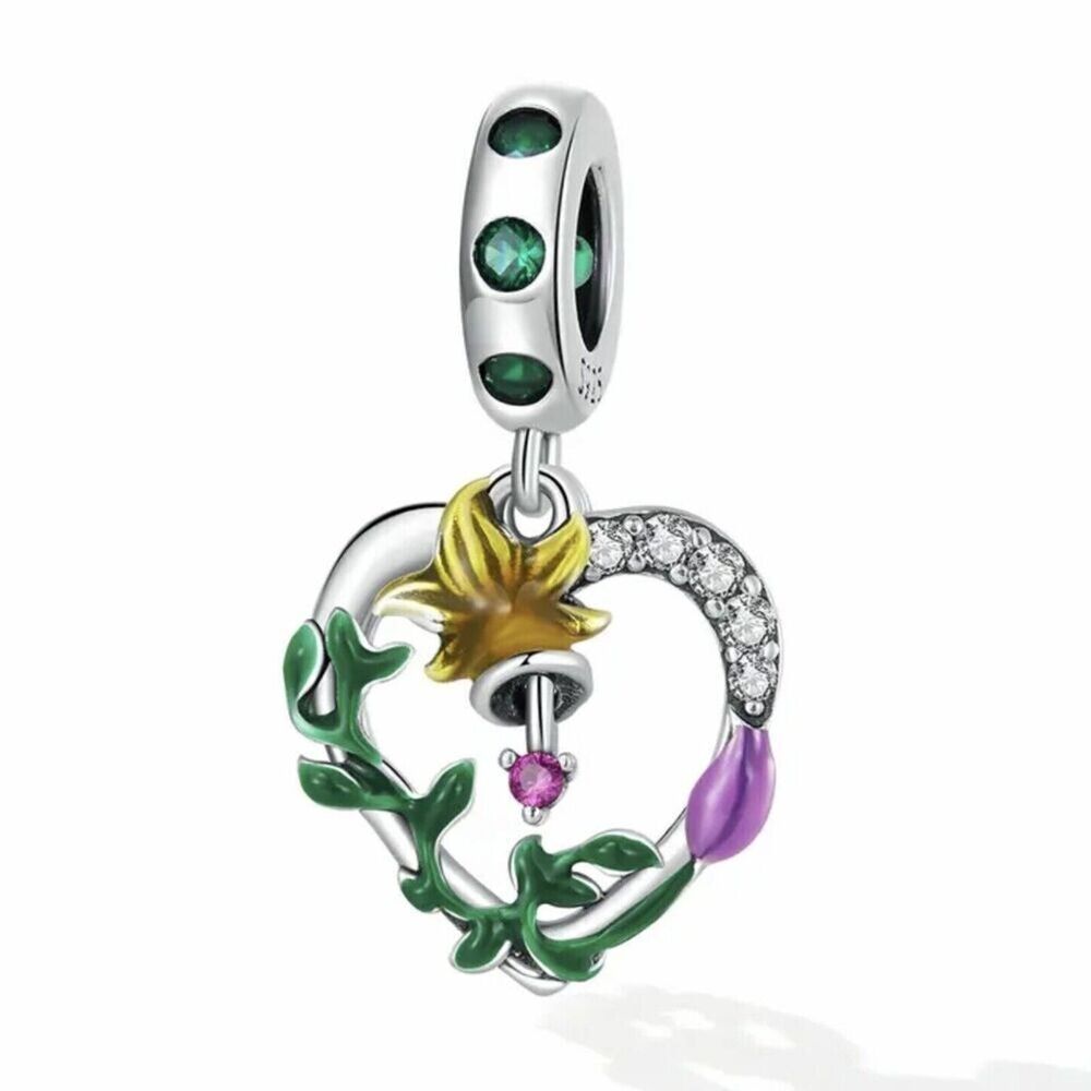 Sterling Silver 925 Charm Daffodil Flower Heart CZ Green Enamel For DIY Bracelet